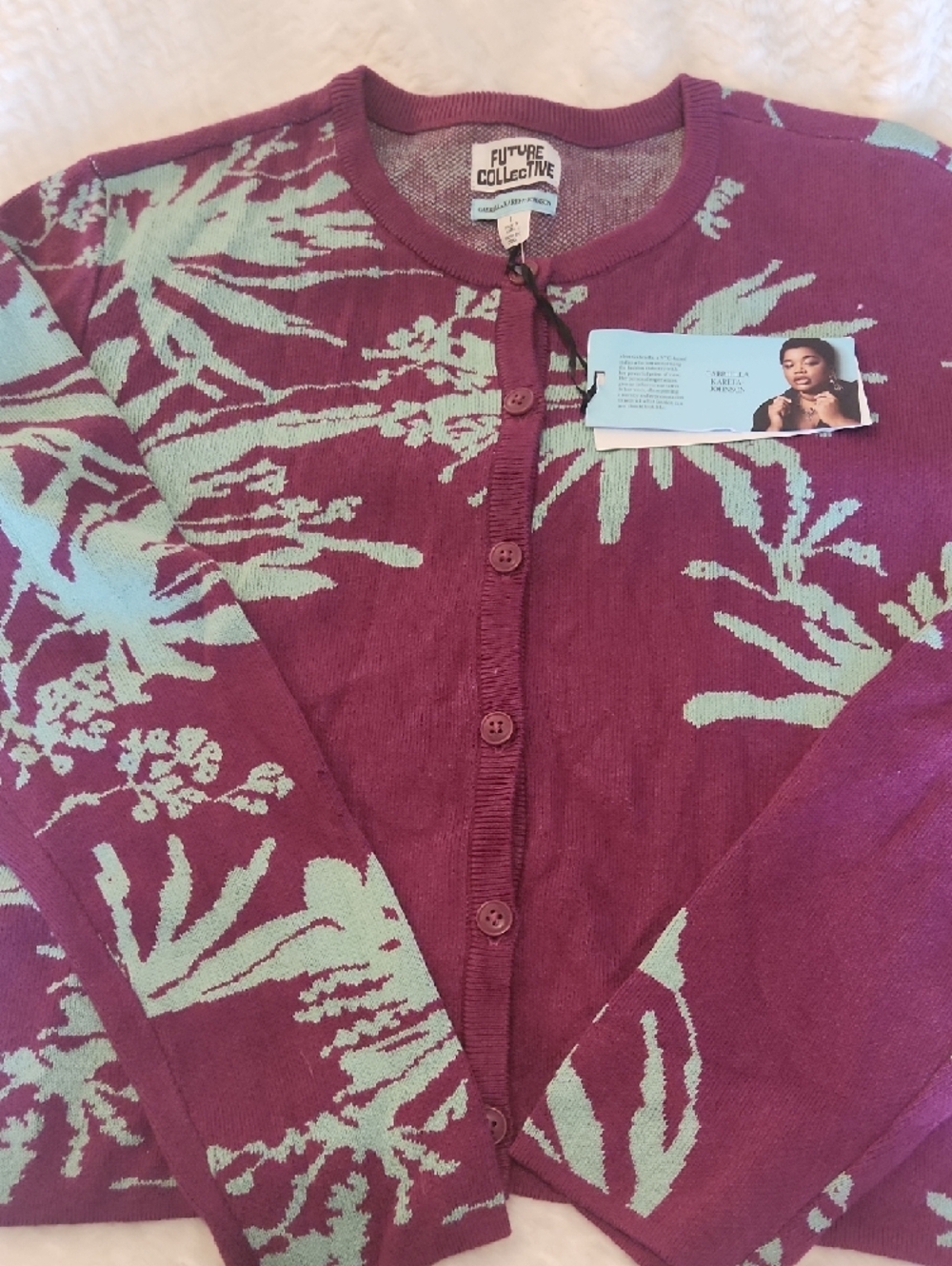 NWT Future Collective Purple & Mint Botanical Button Up Cardigan Women's L - Picture 4 of 7